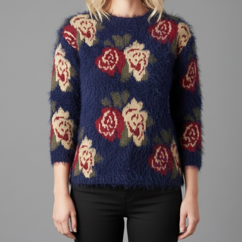 Cotton Emporium Sweater Blue Floral Fuzzy Crewneck S Cabincore